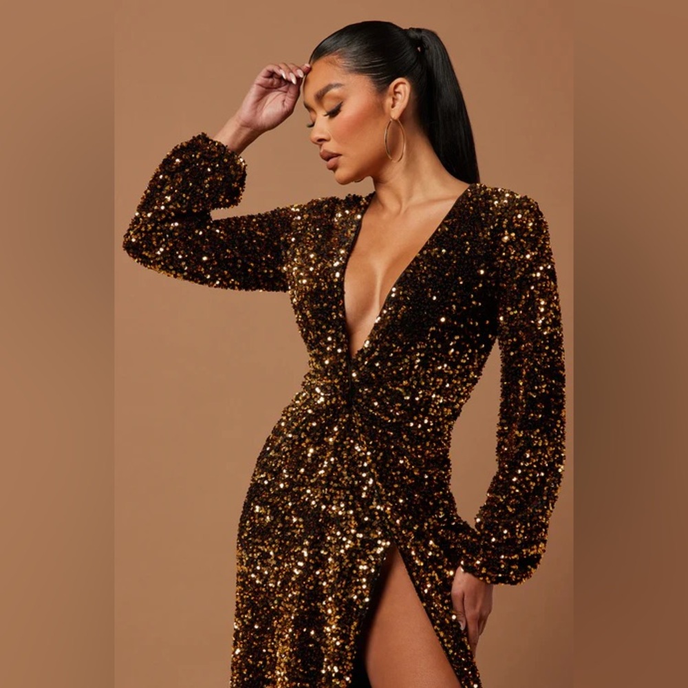 Nova Luxe Amara Sequin Gown Black Gold Long Maxi Dress Slit Size 1X
